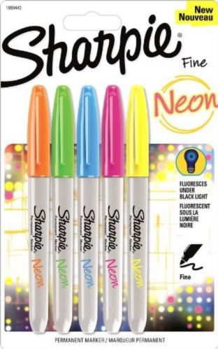 NEW Sharpie Neon Fine Point Permanent Markers, 5 Colored Ink Markers