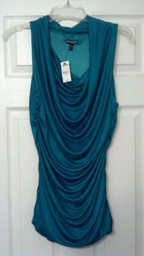 Express Emerald Green Slinky &amp; Shiny Ruched Long Blouse/Shirt L NWT 8/10/12 top