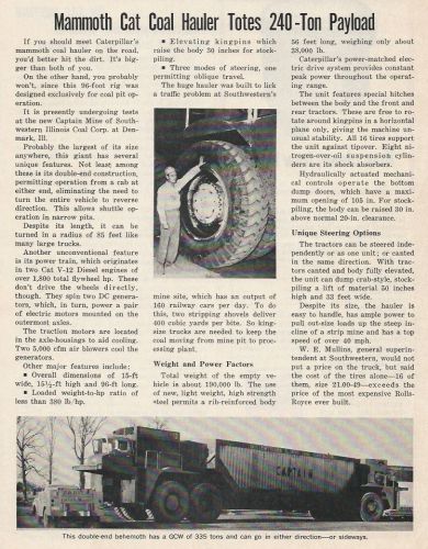 1966 - 1 pg photo article, new cat coal mammoth hauler &#034;captain&#034; mine,illinois for sale