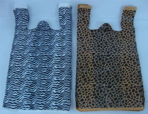 100 Qty 50 Zebra &amp; 50 Leopard Print Design Plastic T-Shirt Bags Handle 11.5x6x21