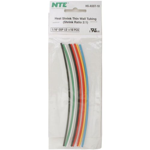 Nte hs-asst-10 heat shrink 2:1 assorted colors 1/16 x 6 10 pcs. for sale