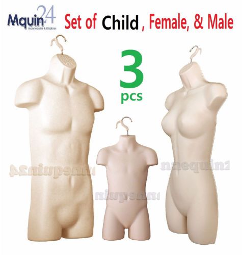 3 MANNEQUINS : FLESH MALE, FEMALE, &amp; CHILD TORSO BODY FORMS