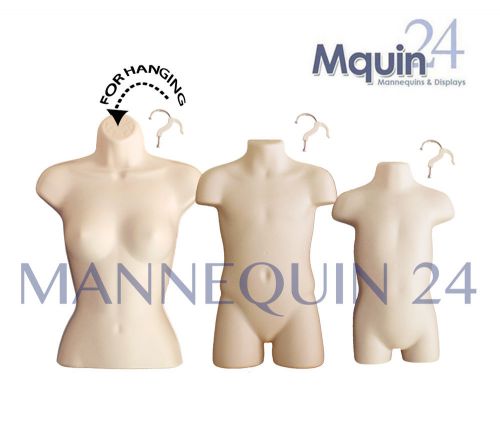 A SET OF 3 FLESH MANNEQUINS: FEMALE, CHILD &amp; TODDLER BODY FORMS + 3 HANGERS