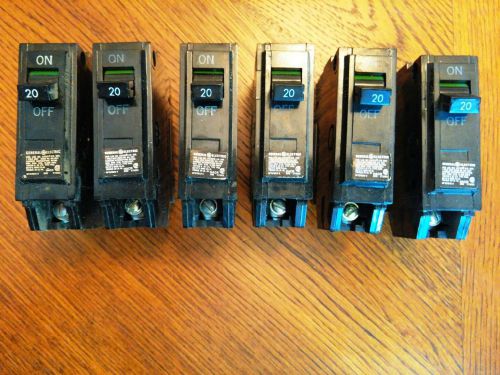 GE 1 POLE, 20 AMP LOT OF 6 CIRCUIT BREAKERS, 120V