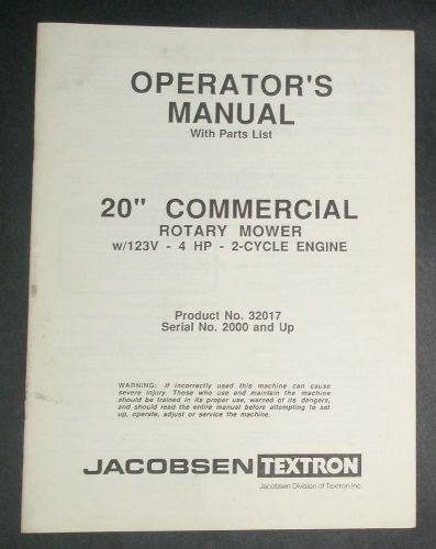 JACOBSEN 20&#034; COMMERCIAL ROTARY PUSH MOWER OPERATOR&#039;S MANUAL W/ PARTS LIST - VG