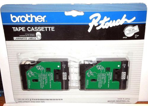 GENUINE BROTHER PACKAGE OF 2 TC-20 P-TOUCH TAPE BLACK ON WHITE PRINT 12MM 1/2&#034;