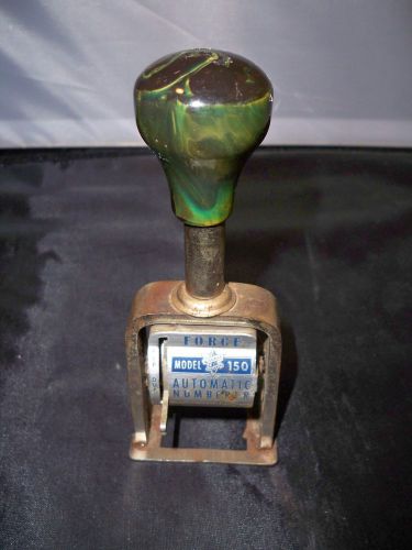 Vtg Force Model 150 Automatic Number Machine Stamp Green Marble Handle Ink Cans