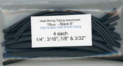 Heat Shrink Tubing Assortment-Pkg 16 x 6&#034; - Black-1/4&#034;, 3/16&#034;, 1/8&#034; &amp; 3/32&#034;