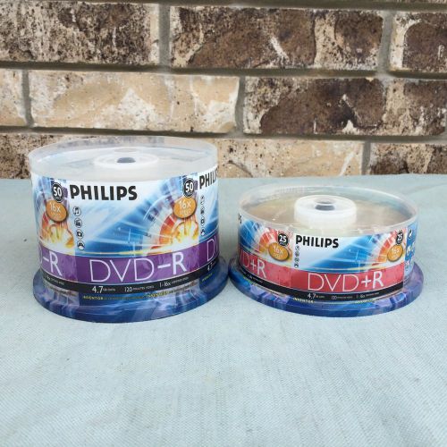 LOT 75 NEW PHILIPS DVD-R DVD+R PACKAGES 4.7 GB DATA 16X 120 MINUTES VIDEO PC BUR