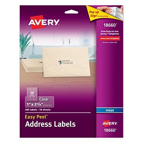 Avery Easy Peel Mailing Labels for Ink Jet Printers, 1 x 2-5/8 Inches, Clear, of