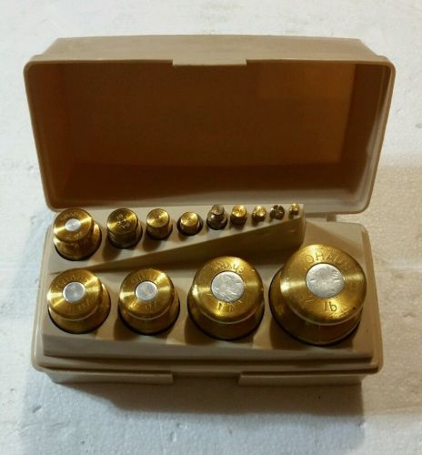 Ohaus calibration boxed weight set 1/32 oz to 2 lbs brass sto-a-weight 13 pieces for sale