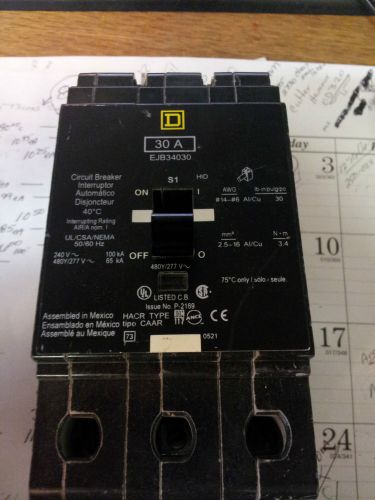 Square d ejb34030 3 pole 480 volt 30 amp bolt in breaker lightly used #b6 for sale
