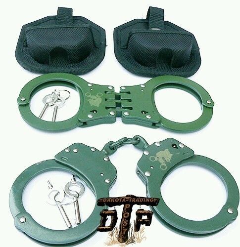 (2 SETS OF) GREEN PLATED DOUBLE LOCKING CHAINED AND HINGED HANDCUFFS