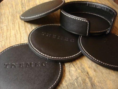 BLACK LEATHER ROUND 4 Coaster Set with Holder and White Stitching PU leather