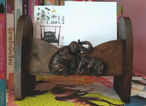 WOOD NAME &amp; BUSINESS CARD HOLDER DESIGN THAI ELEPHANT HANDCRAFT COLLECTIBLES