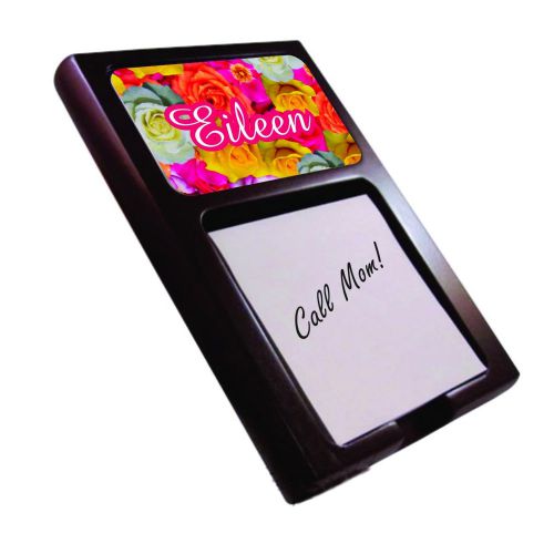 PERSONALIZED COLORFUL ROSES MAHOGANY STICKY NOTE PAD HOLDER - GIFT MOM DESK