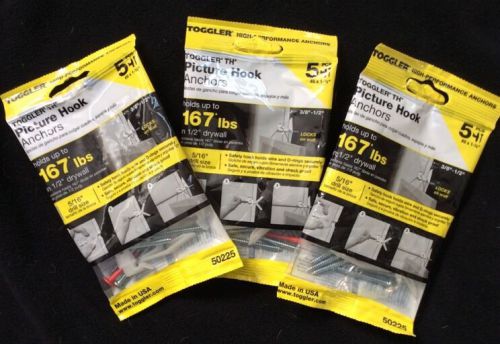 15 TOGGLER TH Picture Hook Anchors (3) 5 Packs -Holds 167# In 1/2&#034; Drywall
