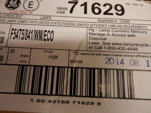 1 case of 40 new ge f54/t5/841/eco fluoresent lamps  t-5  4 ft bulbs for sale
