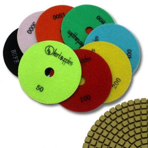 Kent 8 pcs set wet 5&#034;  diamond polishing  pads, assorted grits, 2.2mm thickness for sale