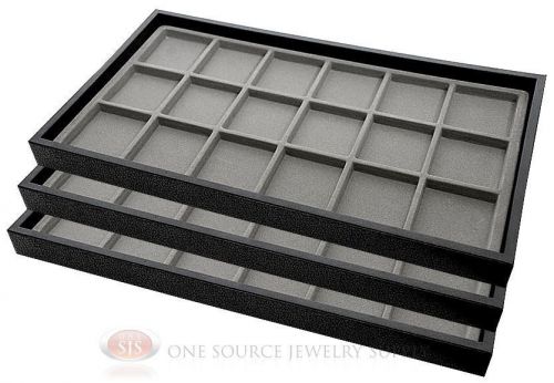 (3) black plastic stackable trays w/18 compartment gray jewelry display inserts for sale