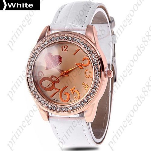 Heart Big Numbers Rhinestones PU Leather Ladies Quartz Wristwatch Women&#039;s White