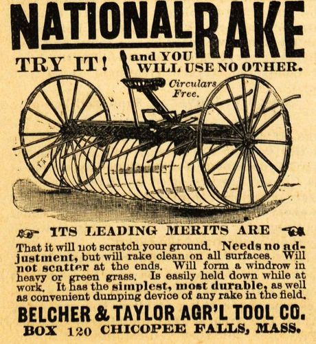 1893 ad belcher taylor farm tools national pull rakes agricultural aag1 for sale