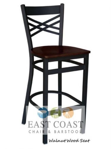 New Commercial Cross Back Metal Restaurant Bar Stool with Walnut Wood Seat