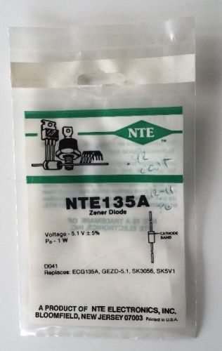 NTE135A Zener Diode 5.1V 5% 1W DO41 Replaces ECG135A GEZD-5.1 SK3056 SK5V1