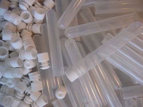 1,000 count 12 x 75 mm frosted/clear plastic test tubes &amp; 1,000 white caps, new for sale