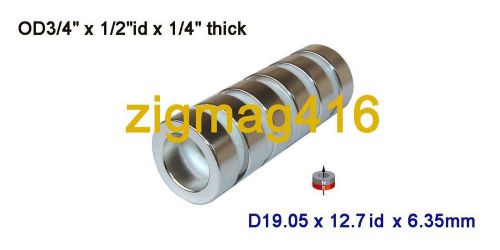 6 pcs of N52, OD3/4&#034; x 1/2&#034;id x1/4&#034;Neodymium Ring Magnets