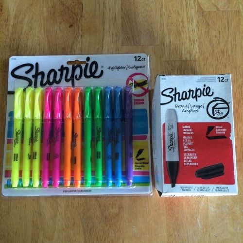 Lot/ Sharpie Black Chisel Markers 12 Pk &amp; Pen Highlighters 12 pk NIB