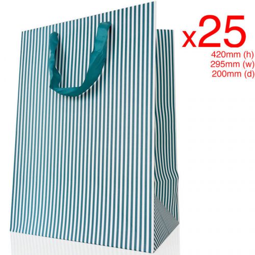 25pk Bulk Large 42cm White Green Striped Matte Paper Present Carry Gift Bag
