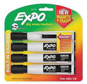 EXPO Magnetic Dry Erase Markers with Eraser, Chisel Tip, Black, 4-Count