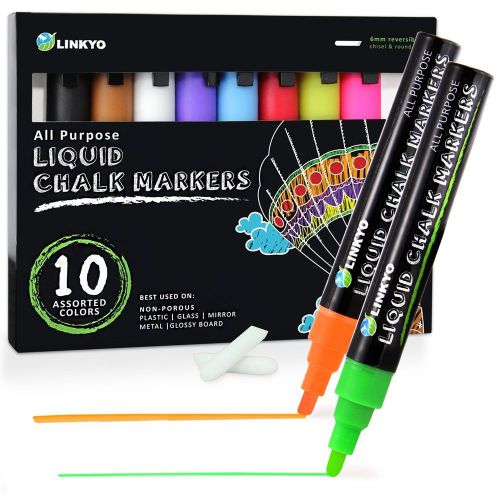LINKYO Liquid Chalk Markers Pens with Erasable Ink and Reversible Tips 10-Color