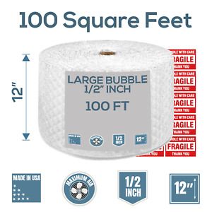 Bubble Cushioning Wrap 100 ft x 12&#034;- Perforated Every 12&#034;- 1/2&#034; Large Bubble