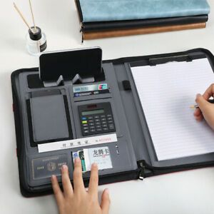 A4 Portable File Folder PU Cover Office Document Pad Organizer With Calculator