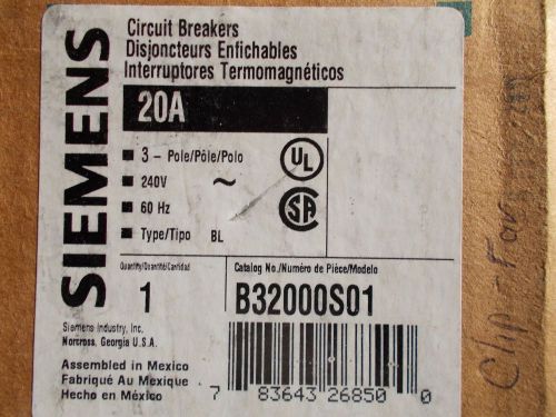 Siemens B32000S01  3 pole 20amp breaker shunt trip