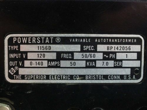 Superior Electric 1156D BP142056 50 Amp Powerstat Variable Autotransformer 0-140