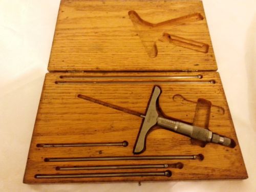 Vintage starrett no. 440 depth gauge 0-9&#034; micrometer set, complete wood case for sale
