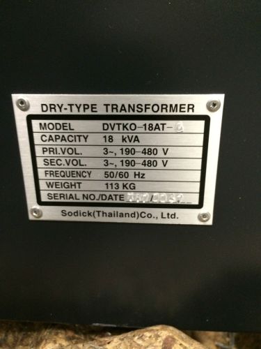 Sodick dry type transformer, 18 kva for sale