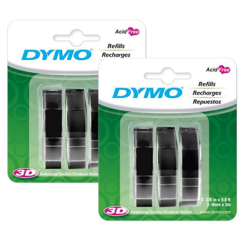 6PK Dymo BLACK 3/8&#034; (9mm) Embossing Label Maker 3D Refills (6 New, Sealed Tapes)