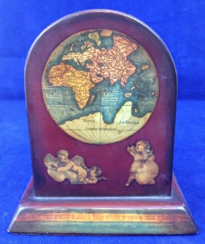 Vintage Old World/Globe/Map Wood Pen Pencil Holder Desk Accessory w/ Gold Accent