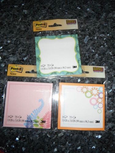 NWT 3 Post-it note super sticky note pads 3.9 x 3.8 in blue, pink, orange design