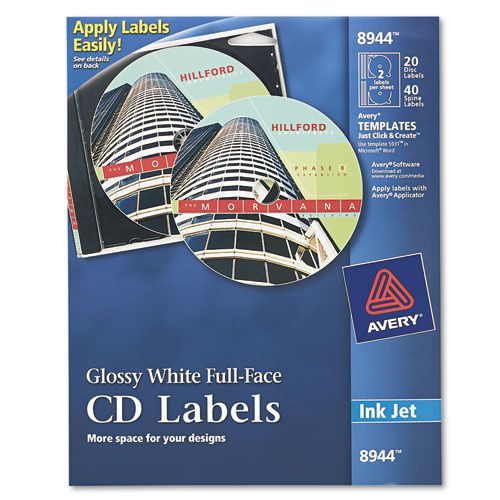 Avery ink jet printer, full face glossy white cd labels, 20 labels &amp; 40 for sale