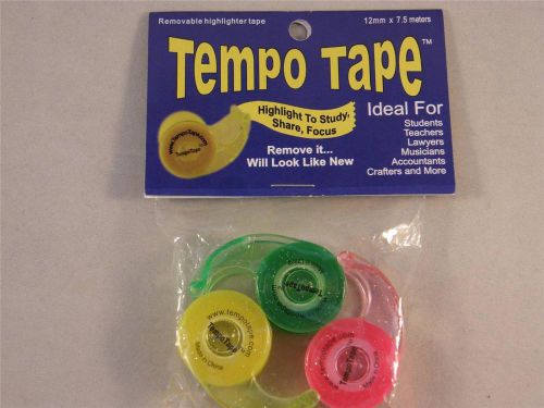 Tempo Tape Removable Highlighter Tape, Pack of 3 Dispensers, New!