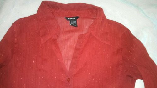 Anxiety RED Metallic Semi-Sheer Pinstriped V-Day Blouse L 8/10 shirt top L/S