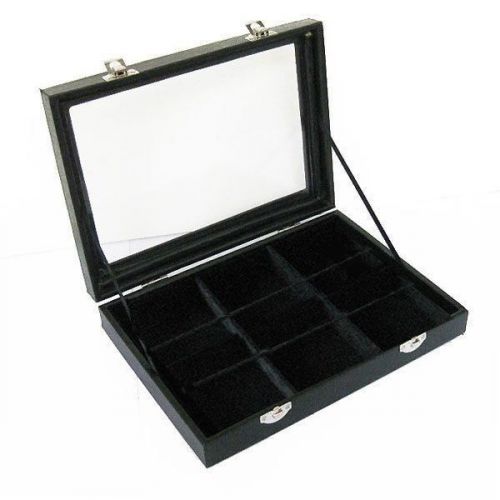 Pro 9&#034; GLASS Jewelry Velvet  Lined Showcase Display Box NEW Chest 9 Slots