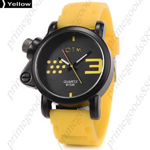 Round Case Rubber Band Black Face Quartz Men&#039;s Wristwatch Free Shipping Yellow