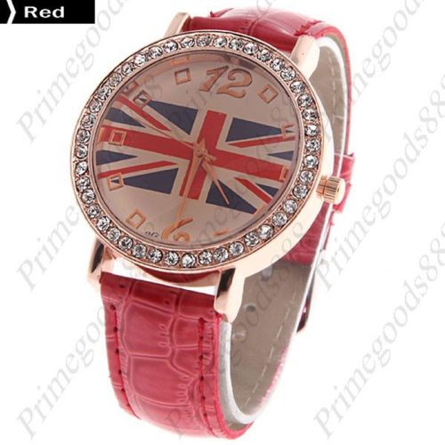 Union jack flag round pu leather analog wrist quartz wristwatch women&#039;s red for sale