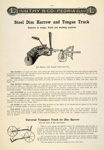 1912 ad antique steel disc harrow tongue truck farm implement luthy peoria lac2 for sale